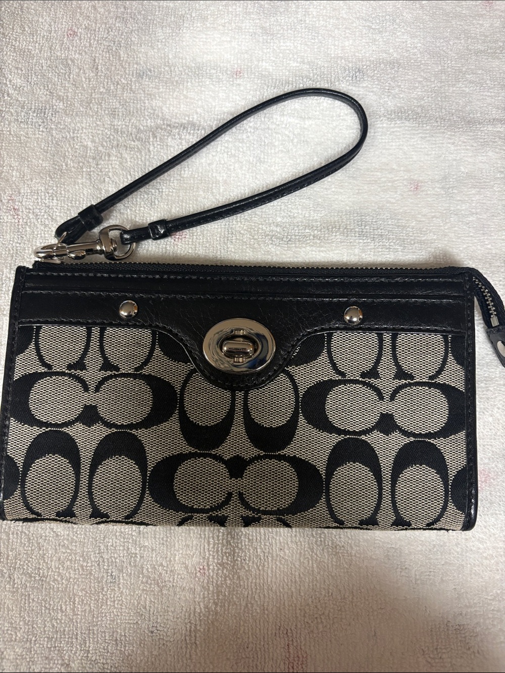 Coach Black and Grey Signature Jacquard Wristlet with Turnlock